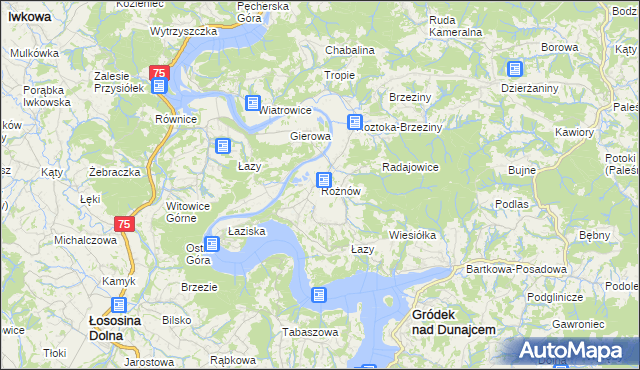 mapa Rożnów gmina Gródek nad Dunajcem, Rożnów gmina Gródek nad Dunajcem na mapie Targeo