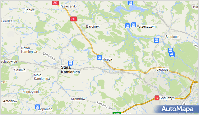 mapa Rybnica gmina Stara Kamienica, Rybnica gmina Stara Kamienica na mapie Targeo