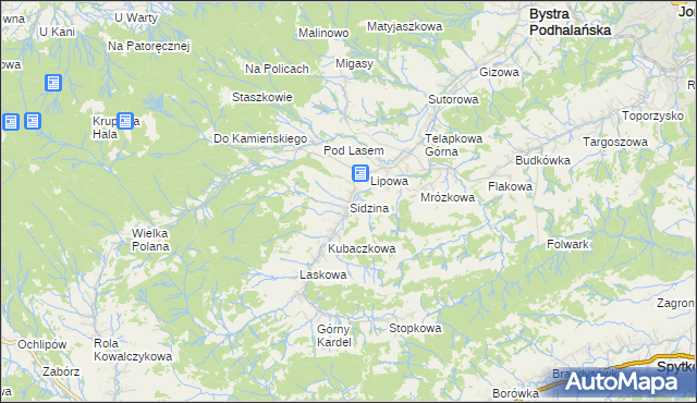 mapa Sidzina gmina Bystra-Sidzina, Sidzina gmina Bystra-Sidzina na mapie Targeo