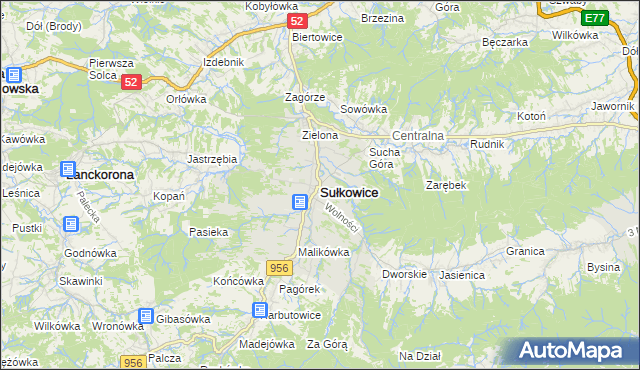 mapa Sułkowice powiat myślenicki, Sułkowice powiat myślenicki na mapie Targeo