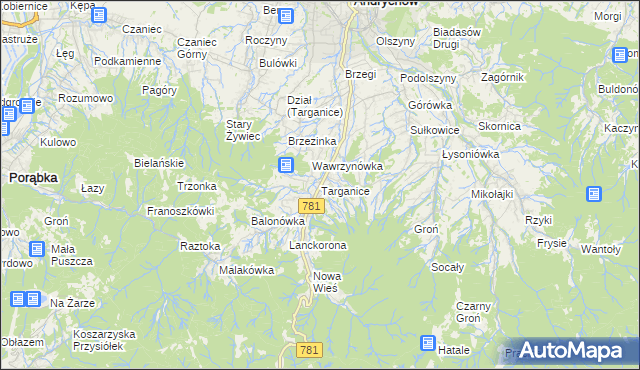 mapa Targanice, Targanice na mapie Targeo