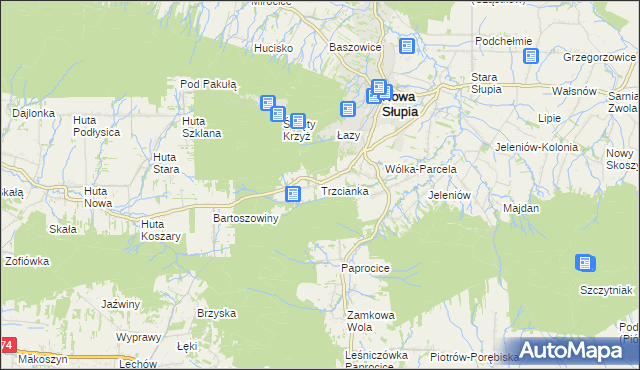 mapa Trzcianka gmina Nowa Słupia, Trzcianka gmina Nowa Słupia na mapie Targeo