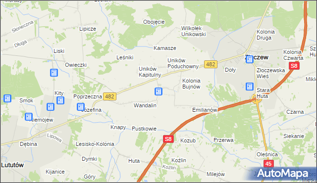mapa Uników gmina Złoczew, Uników gmina Złoczew na mapie Targeo