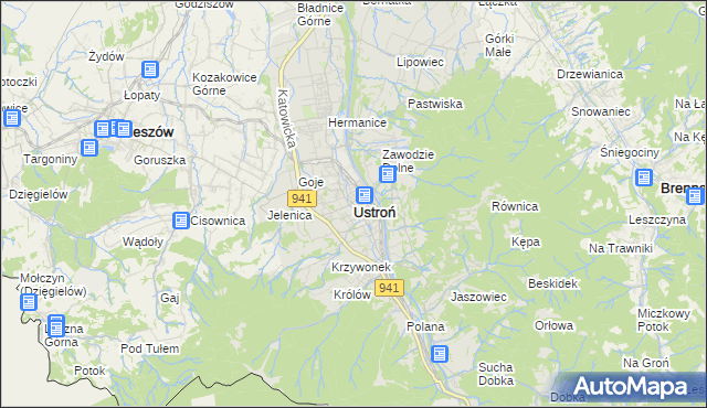 mapa Ustroń powiat cieszyński, Ustroń powiat cieszyński na mapie Targeo