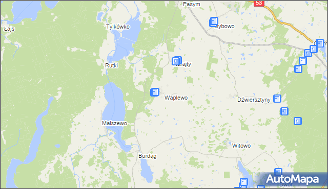 mapa Waplewo gmina Jedwabno, Waplewo gmina Jedwabno na mapie Targeo