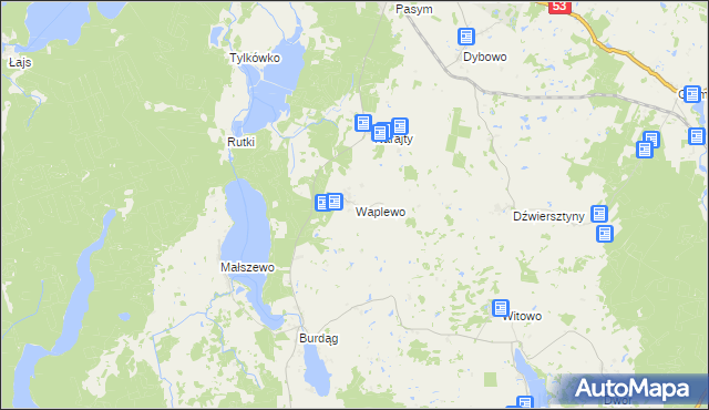 mapa Waplewo gmina Jedwabno, Waplewo gmina Jedwabno na mapie Targeo