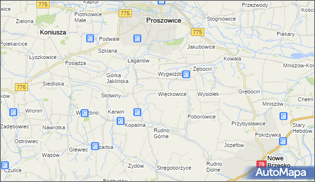 mapa Więckowice gmina Proszowice, Więckowice gmina Proszowice na mapie Targeo