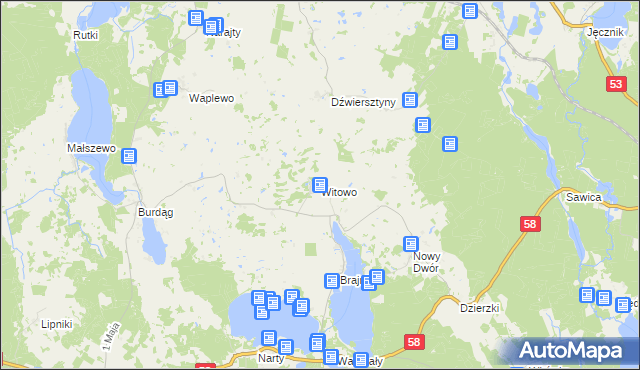 mapa Witowo gmina Jedwabno, Witowo gmina Jedwabno na mapie Targeo