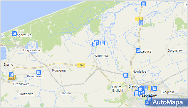 mapa Włodarka gmina Trzebiatów, Włodarka gmina Trzebiatów na mapie Targeo
