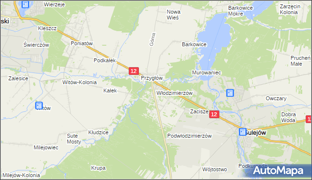 mapa Włodzimierzów gmina Sulejów, Włodzimierzów gmina Sulejów na mapie Targeo