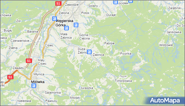 mapa Żabnica gmina Węgierska Górka, Żabnica gmina Węgierska Górka na mapie Targeo