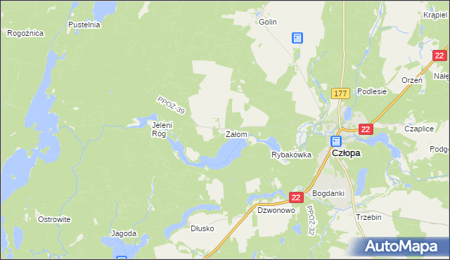 mapa Załom gmina Człopa, Załom gmina Człopa na mapie Targeo