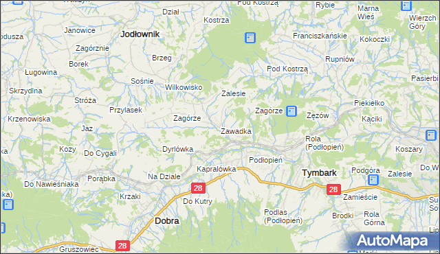 mapa Zawadka gmina Tymbark, Zawadka gmina Tymbark na mapie Targeo