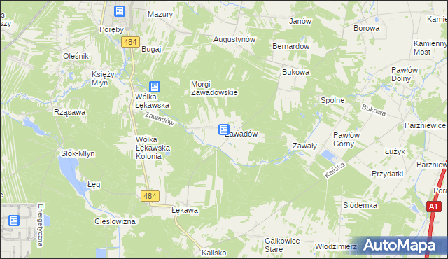 mapa Zawadów gmina Bełchatów, Zawadów gmina Bełchatów na mapie Targeo