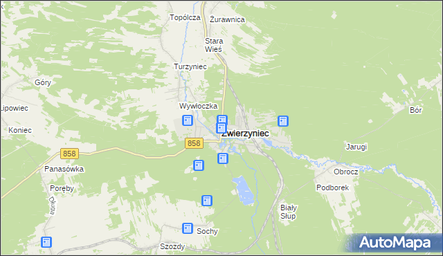 mapa Zwierzyniec powiat zamojski, Zwierzyniec powiat zamojski na mapie Targeo