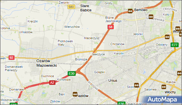 mapa Jawczyce gmina Ożarów Mazowiecki, Jawczyce gmina Ożarów Mazowiecki na mapie Targeo