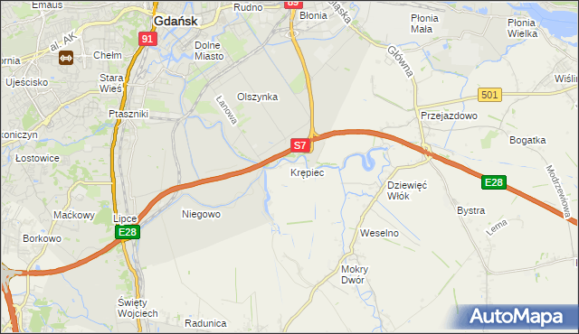 mapa Krępiec gmina Pruszcz Gdański, Krępiec gmina Pruszcz Gdański na mapie Targeo