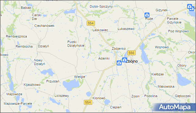 mapa Adamki gmina Zbójno, Adamki gmina Zbójno na mapie Targeo