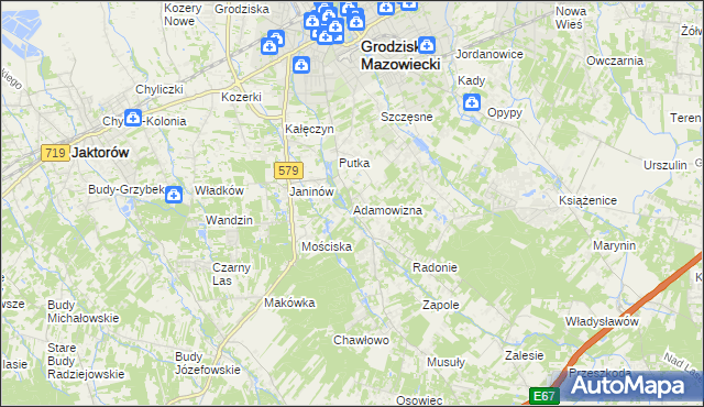 mapa Adamowizna gmina Grodzisk Mazowiecki, Adamowizna gmina Grodzisk Mazowiecki na mapie Targeo