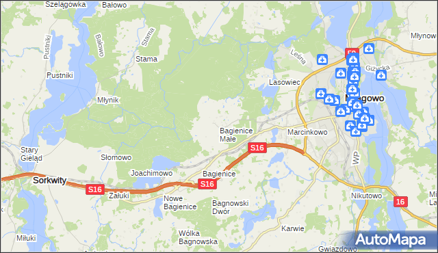 mapa Bagienice Małe gmina Mrągowo, Bagienice Małe gmina Mrągowo na mapie Targeo