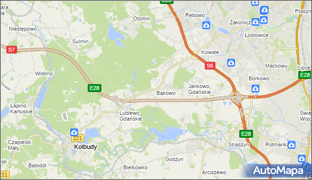 mapa Bąkowo gmina Kolbudy, Bąkowo gmina Kolbudy na mapie Targeo