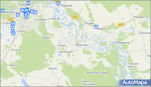 mapa Baranowo gmina Mosina, Baranowo gmina Mosina na mapie Targeo