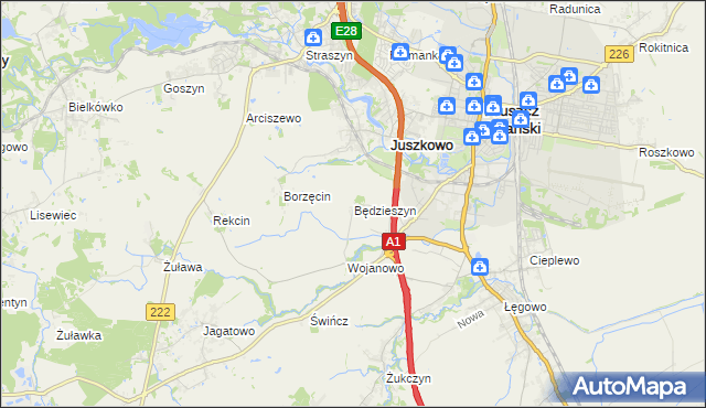 mapa Będzieszyn gmina Pruszcz Gdański, Będzieszyn gmina Pruszcz Gdański na mapie Targeo