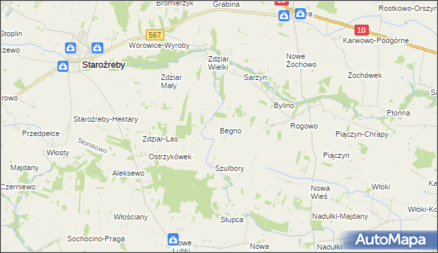 mapa Begno gmina Staroźreby, Begno gmina Staroźreby na mapie Targeo