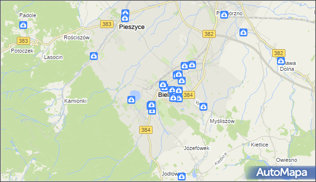 mapa Bielawa powiat dzierżoniowski, Bielawa powiat dzierżoniowski na mapie Targeo