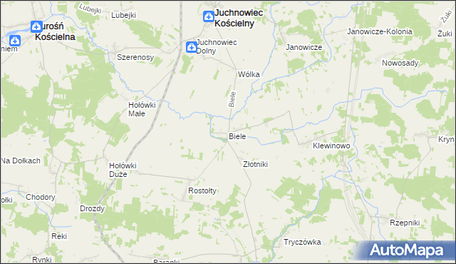 mapa Biele gmina Juchnowiec Kościelny, Biele gmina Juchnowiec Kościelny na mapie Targeo