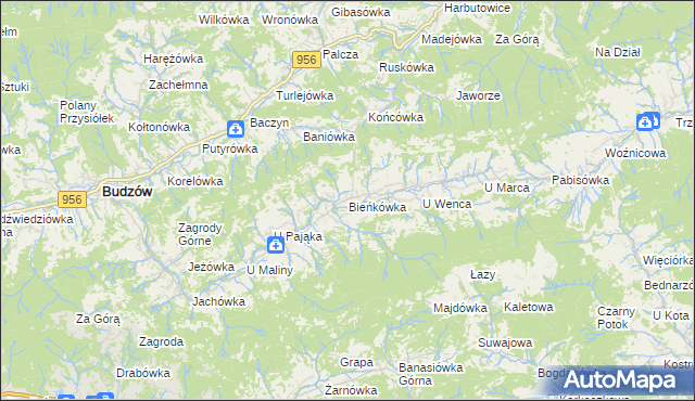 mapa Bieńkówka gmina Budzów, Bieńkówka gmina Budzów na mapie Targeo