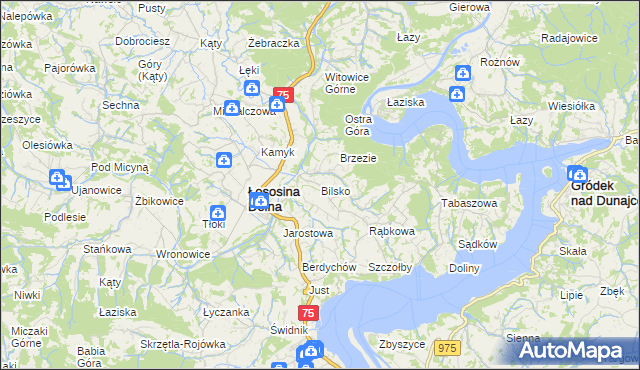 mapa Bilsko gmina Łososina Dolna, Bilsko gmina Łososina Dolna na mapie Targeo