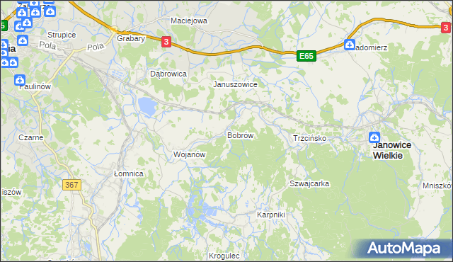 mapa Bobrów gmina Mysłakowice, Bobrów gmina Mysłakowice na mapie Targeo