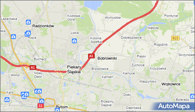mapa Bobrowniki powiat będziński, Bobrowniki powiat będziński na mapie Targeo