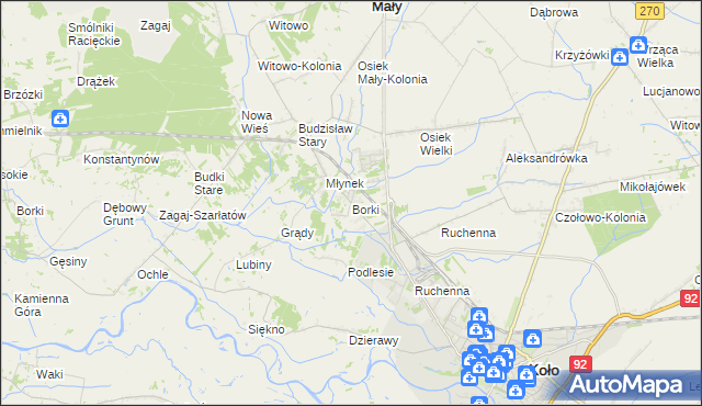 mapa Borki gmina Koło, Borki gmina Koło na mapie Targeo