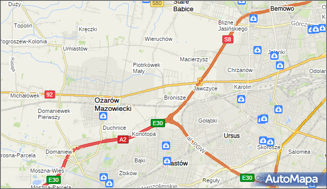 mapa Bronisze gmina Ożarów Mazowiecki, Bronisze gmina Ożarów Mazowiecki na mapie Targeo