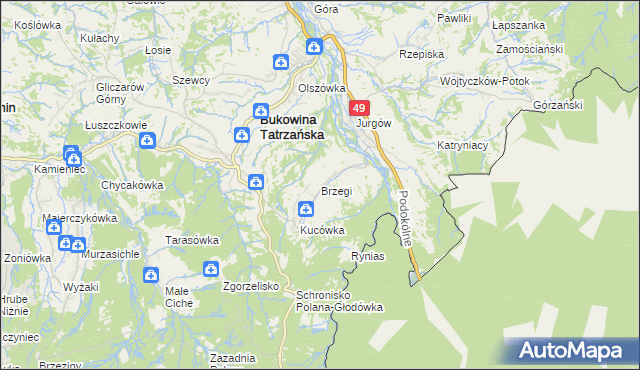 mapa Brzegi gmina Bukowina Tatrzańska, Brzegi gmina Bukowina Tatrzańska na mapie Targeo
