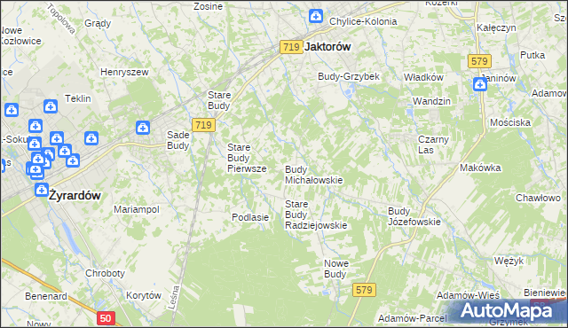 mapa Budy Michałowskie gmina Jaktorów, Budy Michałowskie gmina Jaktorów na mapie Targeo