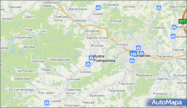 mapa Bystra Podhalańska, Bystra Podhalańska na mapie Targeo