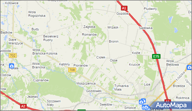 mapa Ciołek gmina Stryków, Ciołek gmina Stryków na mapie Targeo