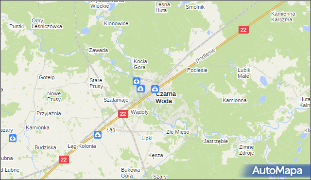 mapa Czarna Woda powiat starogardzki, Czarna Woda powiat starogardzki na mapie Targeo