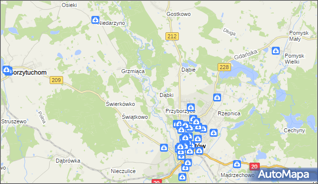 mapa Dąbki gmina Bytów, Dąbki gmina Bytów na mapie Targeo