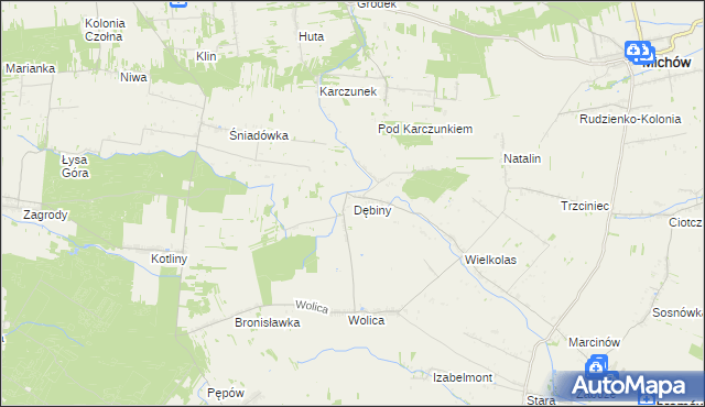 mapa Dębiny gmina Abramów, Dębiny gmina Abramów na mapie Targeo