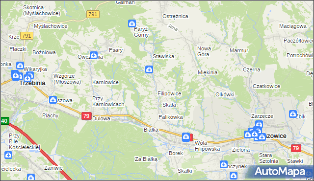 mapa Filipowice gmina Krzeszowice, Filipowice gmina Krzeszowice na mapie Targeo