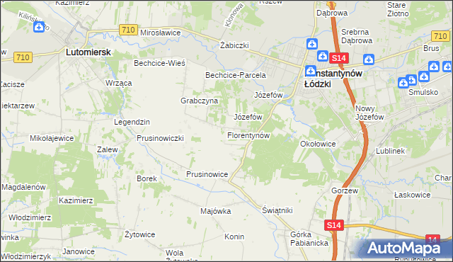 mapa Florentynów gmina Lutomiersk, Florentynów gmina Lutomiersk na mapie Targeo