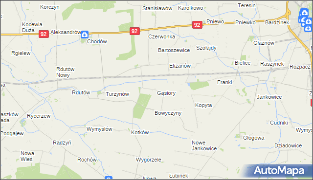 mapa Gąsiory gmina Chodów, Gąsiory gmina Chodów na mapie Targeo