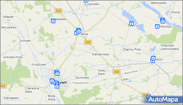 mapa Gierłachowo gmina Krzywiń, Gierłachowo gmina Krzywiń na mapie Targeo