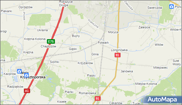 mapa Glina gmina Wola Krzysztoporska, Glina gmina Wola Krzysztoporska na mapie Targeo