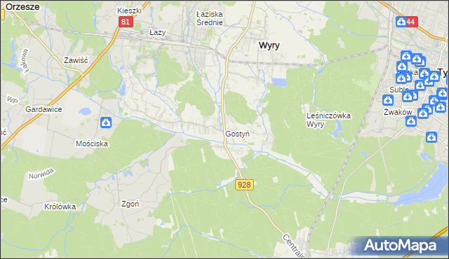 mapa Gostyń gmina Wyry, Gostyń gmina Wyry na mapie Targeo