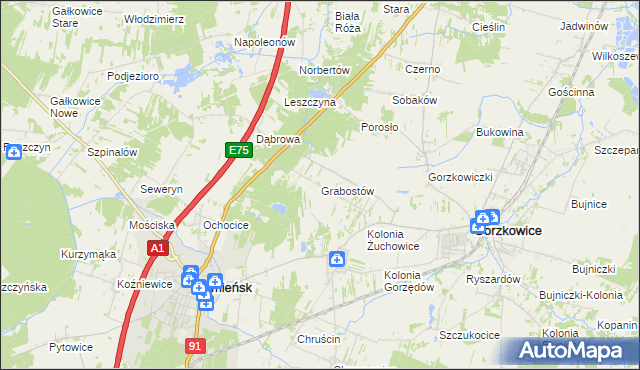 mapa Grabostów gmina Gorzkowice, Grabostów gmina Gorzkowice na mapie Targeo